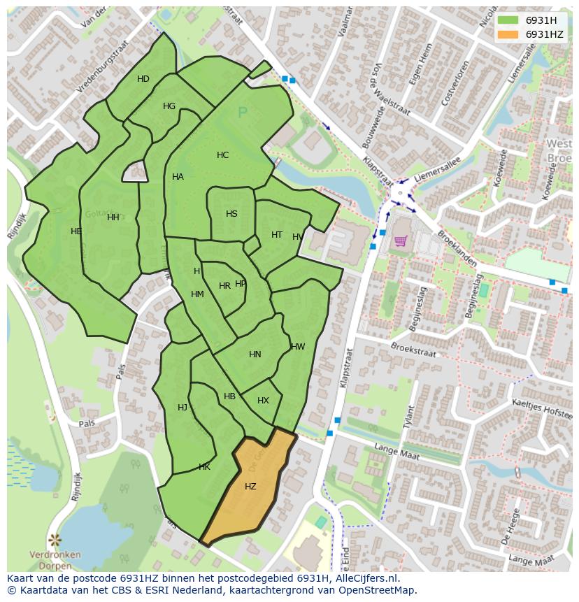 Afbeelding van het postcodegebied 6931 HZ op de kaart.