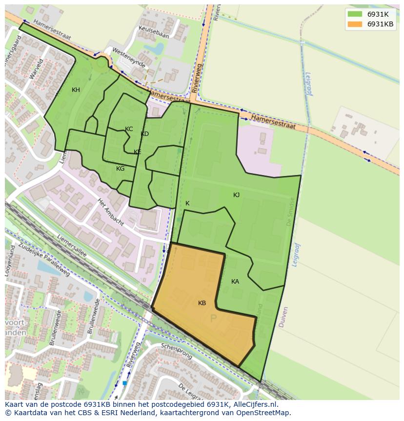 Afbeelding van het postcodegebied 6931 KB op de kaart.