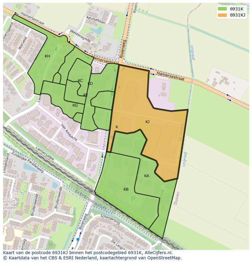Afbeelding van het postcodegebied 6931 KJ op de kaart.