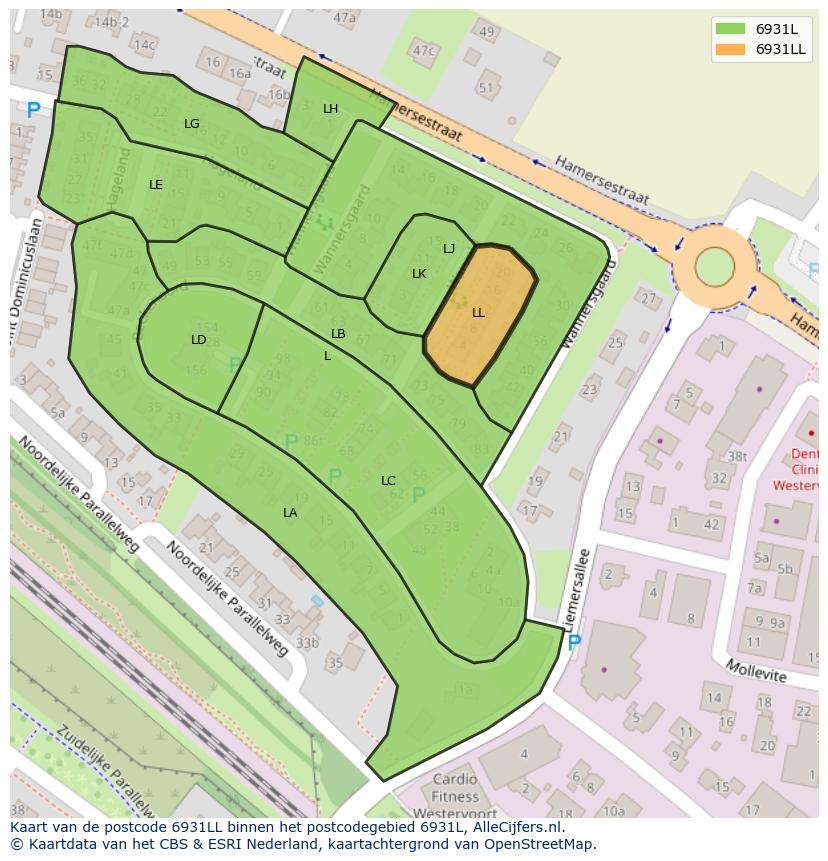 Afbeelding van het postcodegebied 6931 LL op de kaart.
