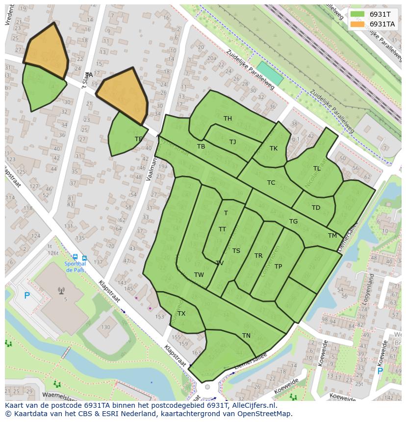 Afbeelding van het postcodegebied 6931 TA op de kaart.