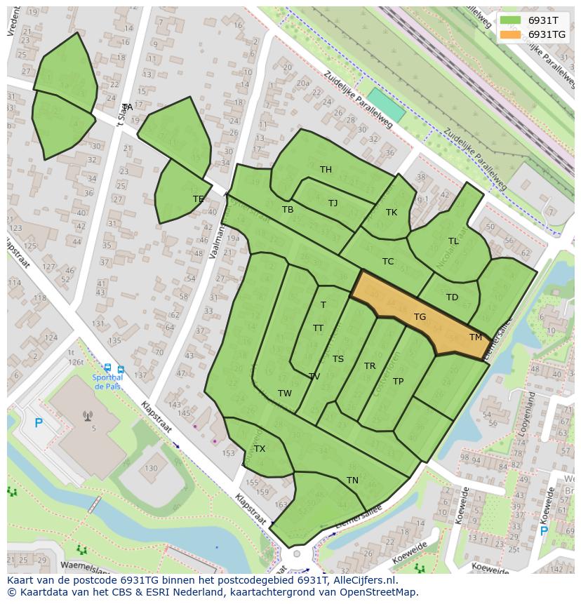 Afbeelding van het postcodegebied 6931 TG op de kaart.