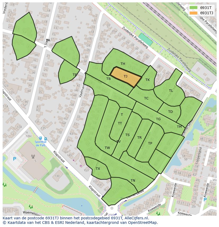 Afbeelding van het postcodegebied 6931 TJ op de kaart.