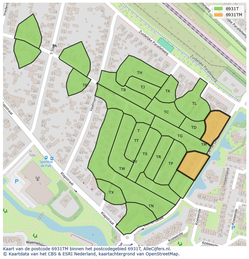 Afbeelding van het postcodegebied 6931 TM op de kaart.