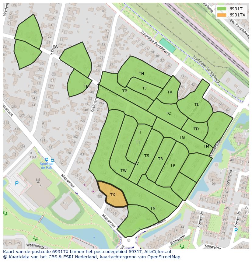 Afbeelding van het postcodegebied 6931 TX op de kaart.