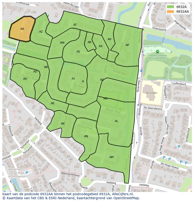 Afbeelding van het postcodegebied 6932 AA op de kaart.