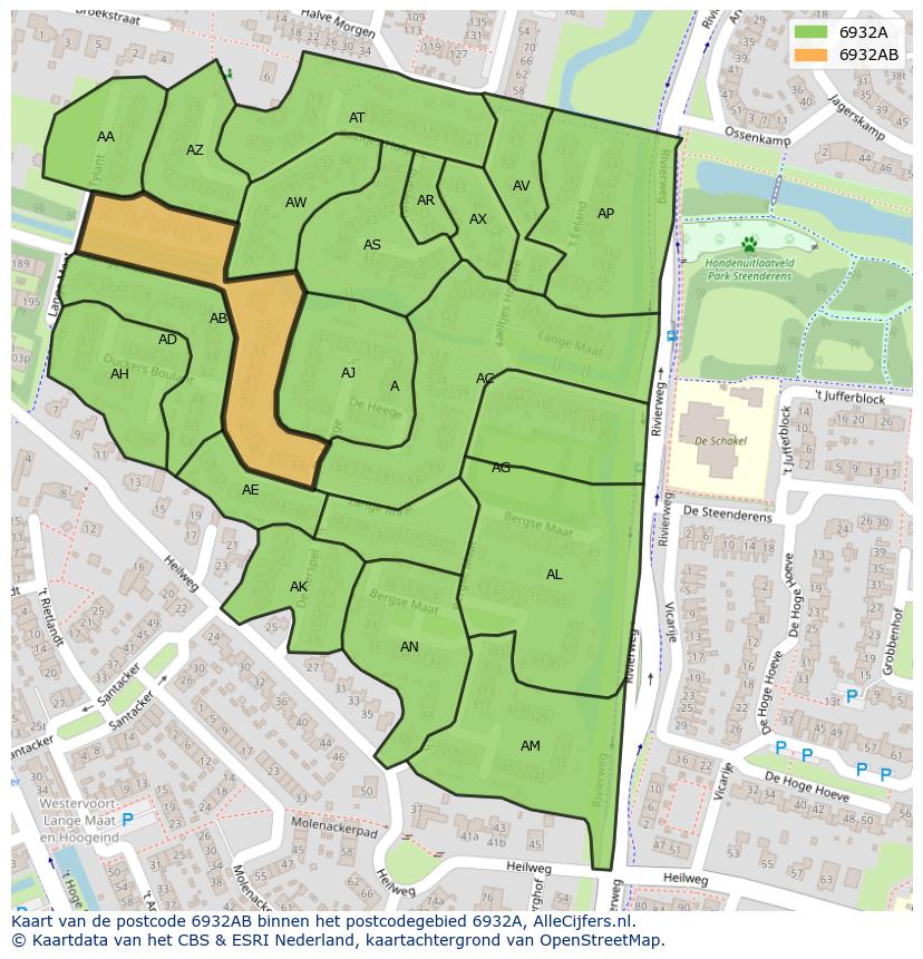 Afbeelding van het postcodegebied 6932 AB op de kaart.