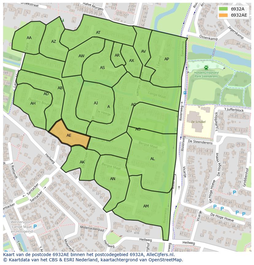 Afbeelding van het postcodegebied 6932 AE op de kaart.