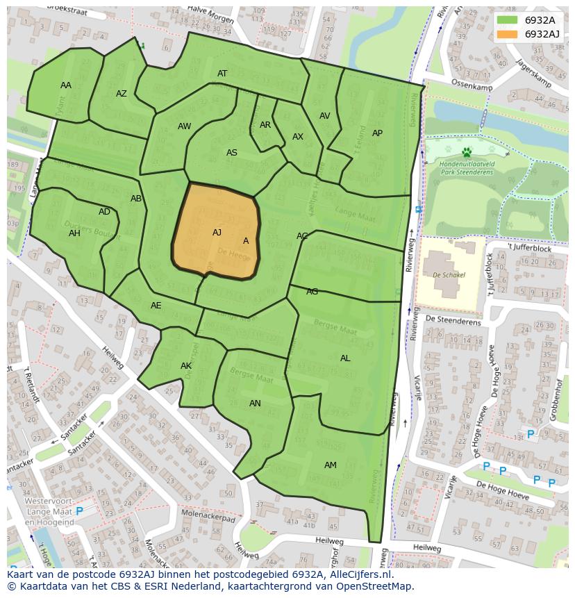 Afbeelding van het postcodegebied 6932 AJ op de kaart.