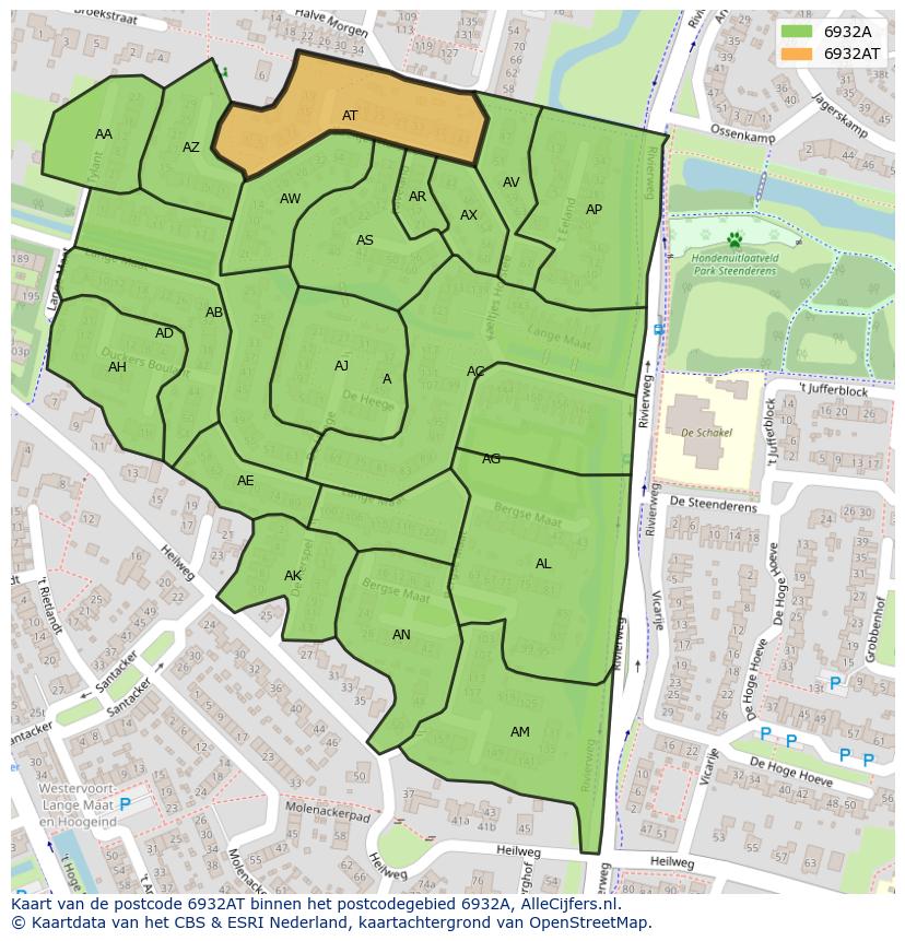 Afbeelding van het postcodegebied 6932 AT op de kaart.