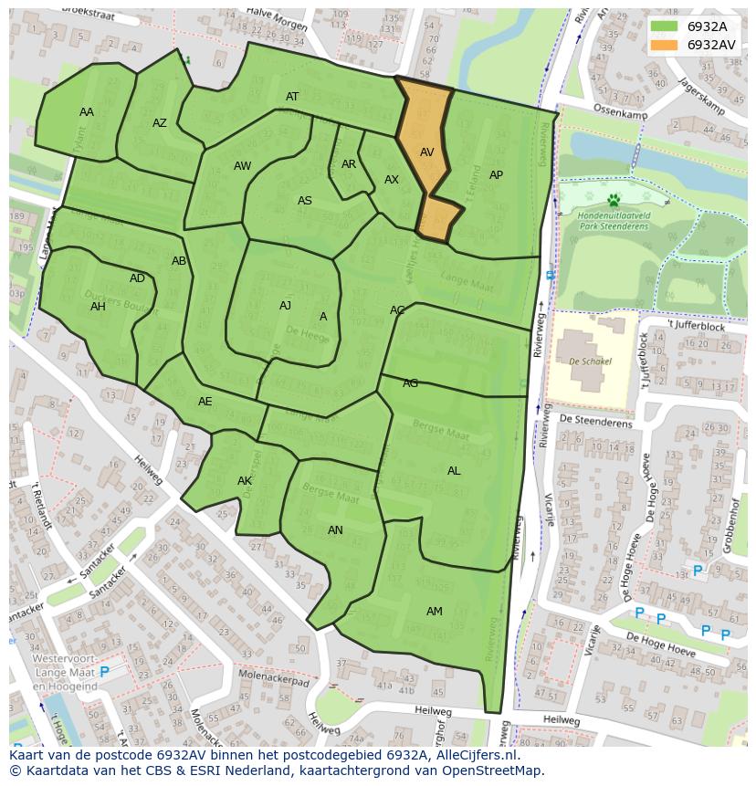 Afbeelding van het postcodegebied 6932 AV op de kaart.
