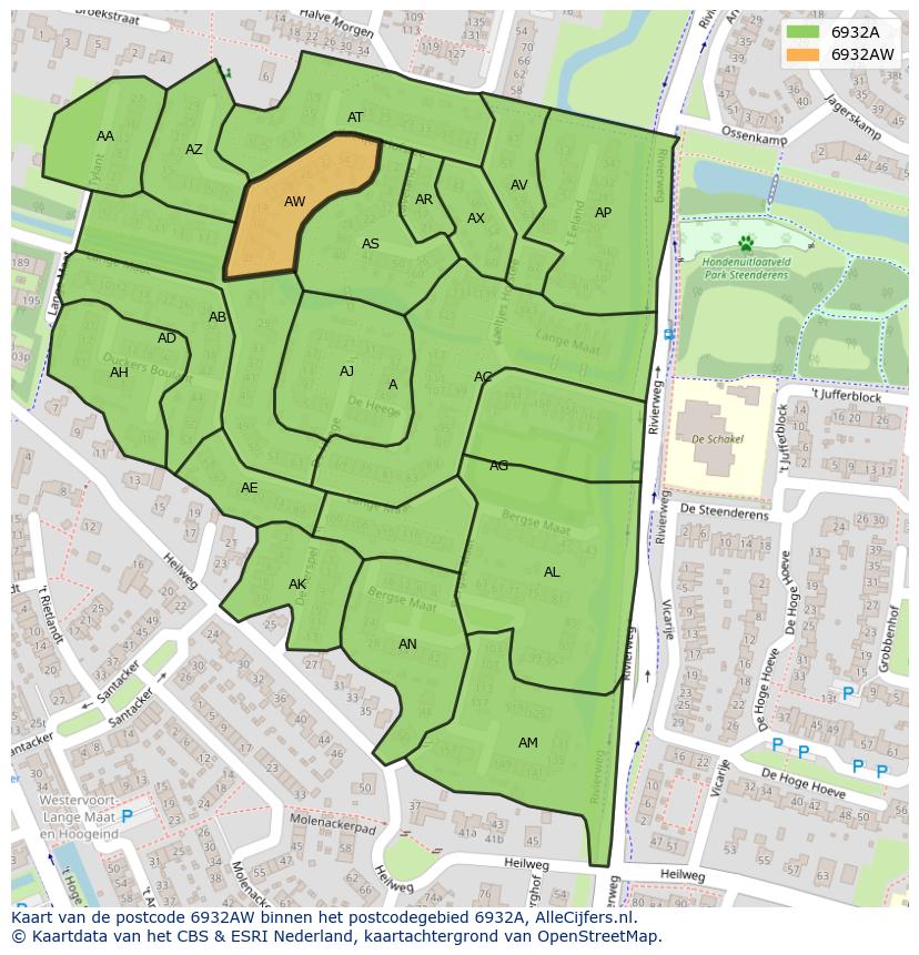 Afbeelding van het postcodegebied 6932 AW op de kaart.