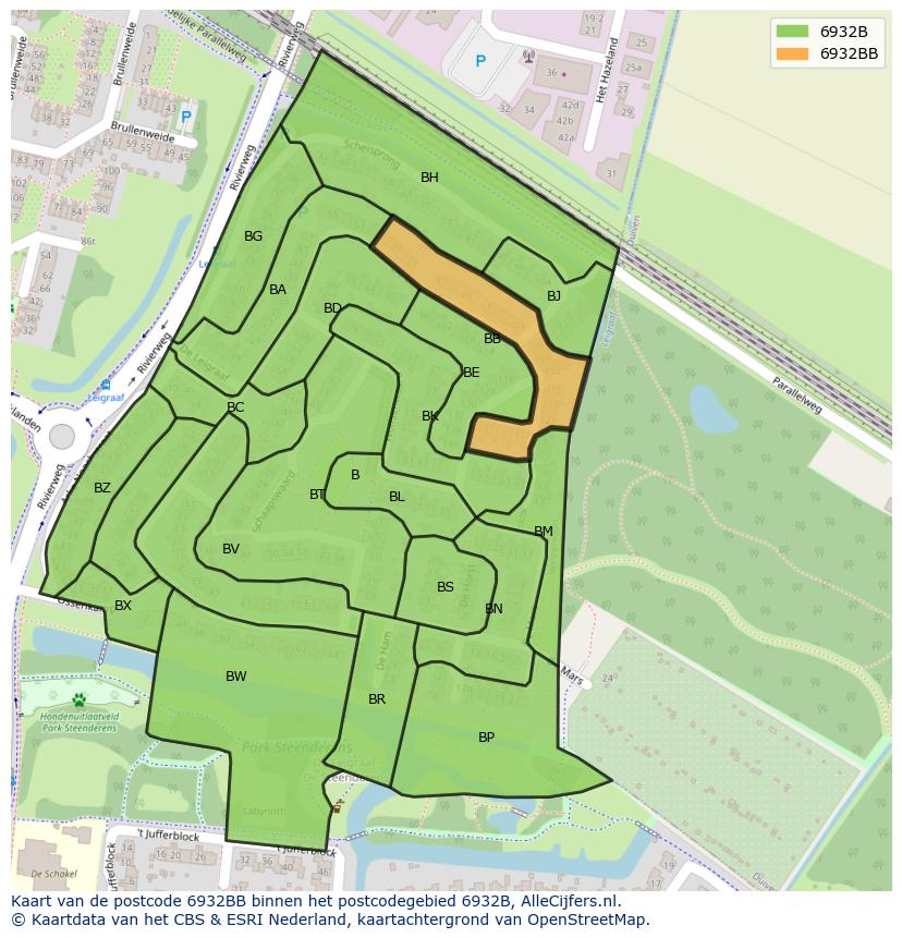 Afbeelding van het postcodegebied 6932 BB op de kaart.