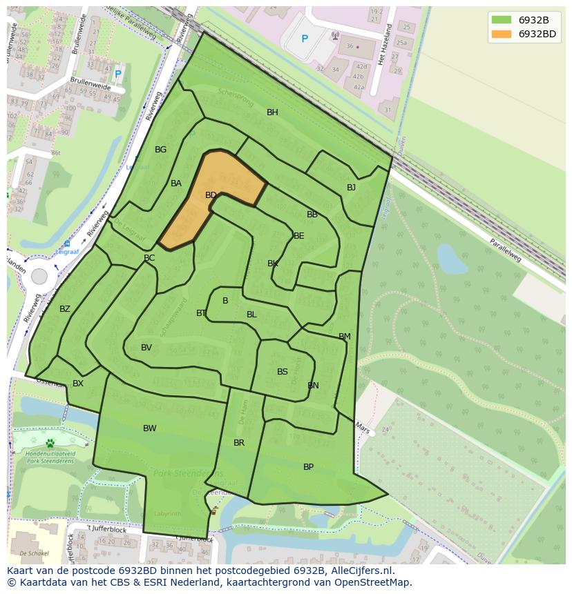 Afbeelding van het postcodegebied 6932 BD op de kaart.