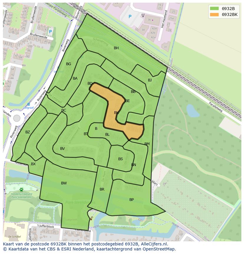 Afbeelding van het postcodegebied 6932 BK op de kaart.