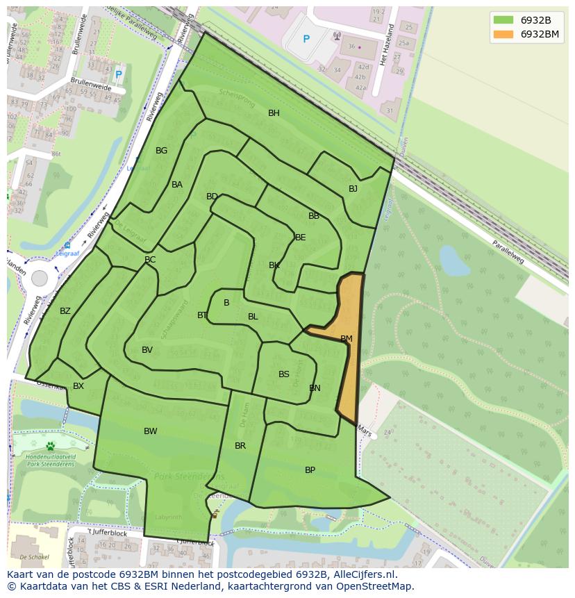 Afbeelding van het postcodegebied 6932 BM op de kaart.