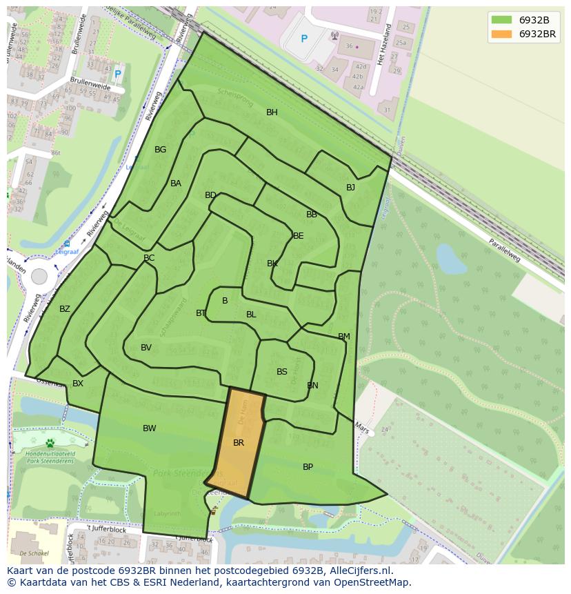 Afbeelding van het postcodegebied 6932 BR op de kaart.