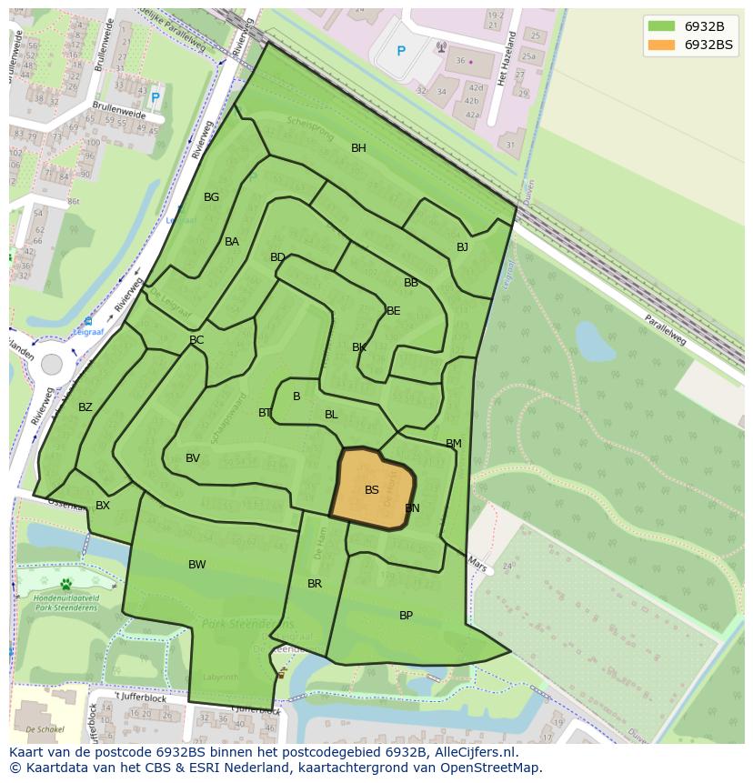 Afbeelding van het postcodegebied 6932 BS op de kaart.