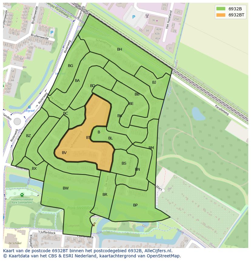 Afbeelding van het postcodegebied 6932 BT op de kaart.