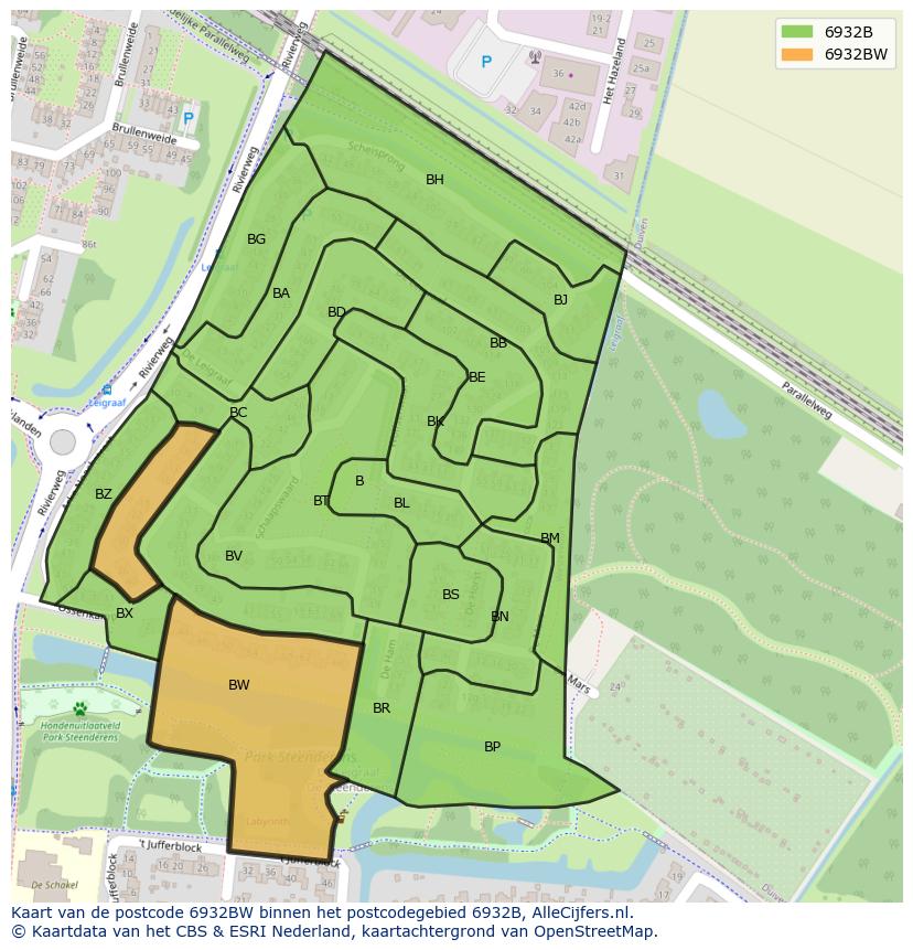 Afbeelding van het postcodegebied 6932 BW op de kaart.