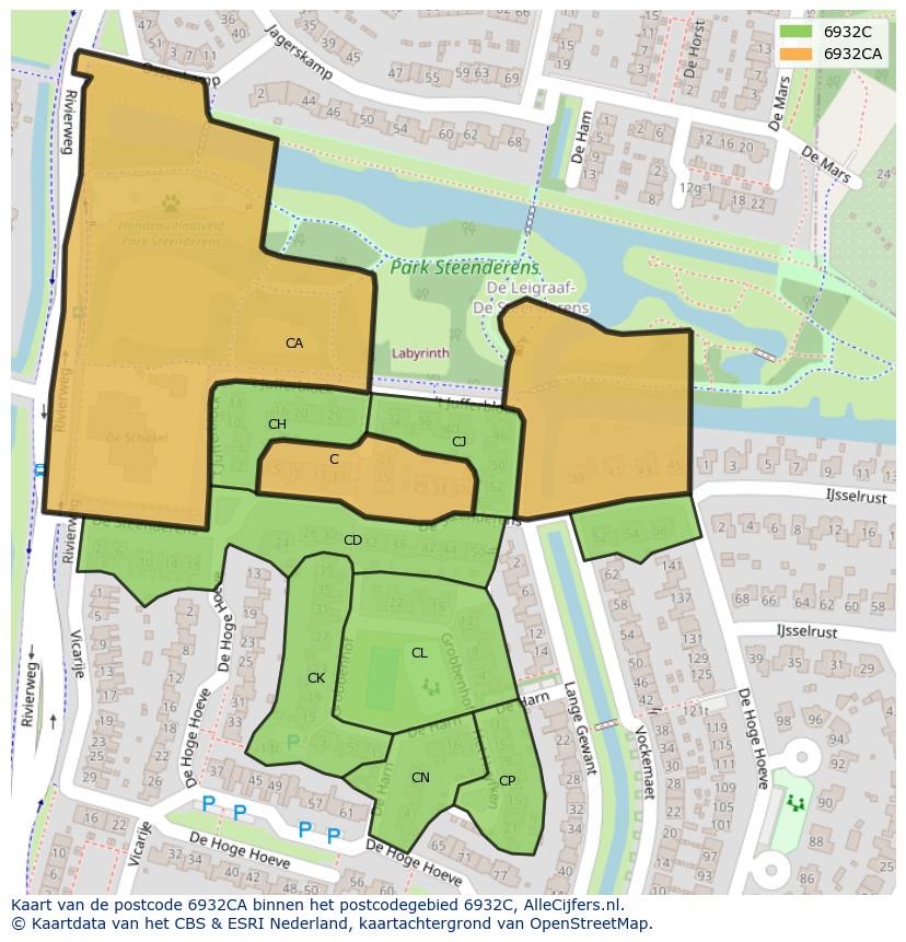 Afbeelding van het postcodegebied 6932 CA op de kaart.