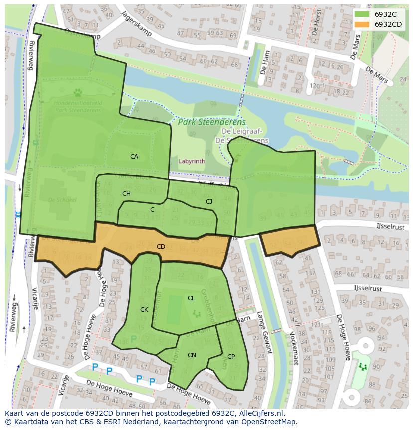 Afbeelding van het postcodegebied 6932 CD op de kaart.