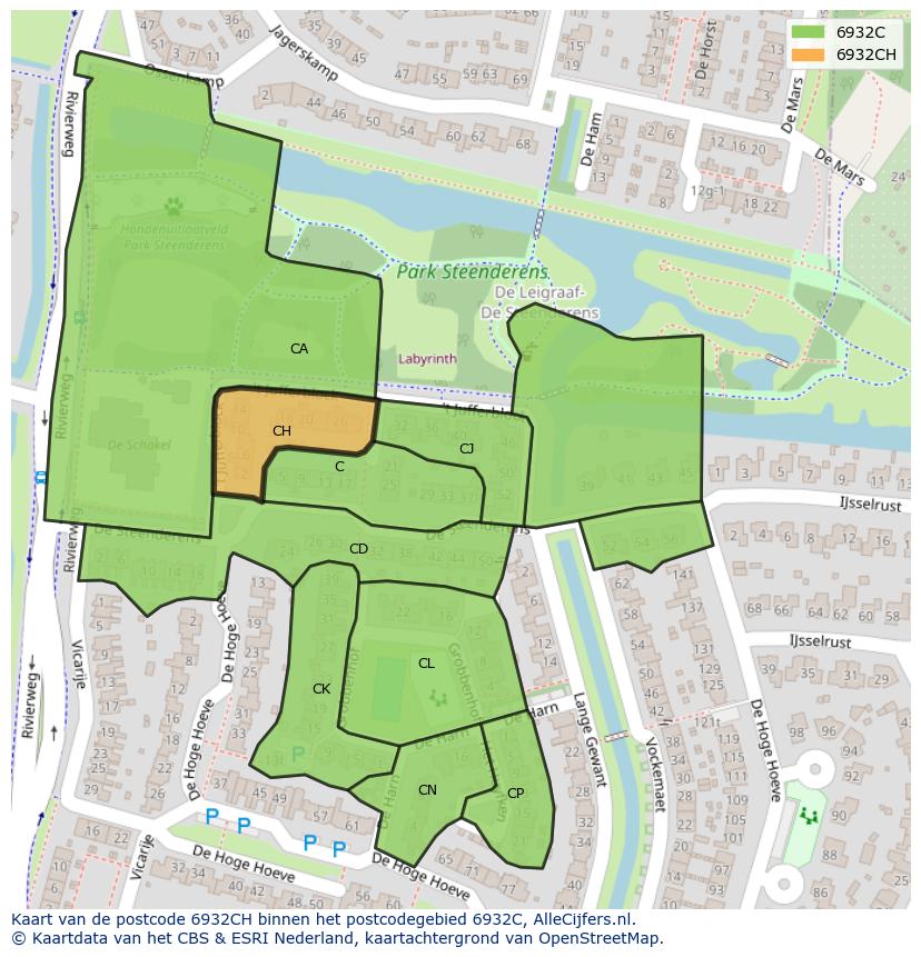 Afbeelding van het postcodegebied 6932 CH op de kaart.