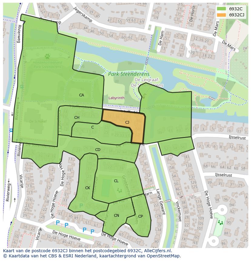 Afbeelding van het postcodegebied 6932 CJ op de kaart.