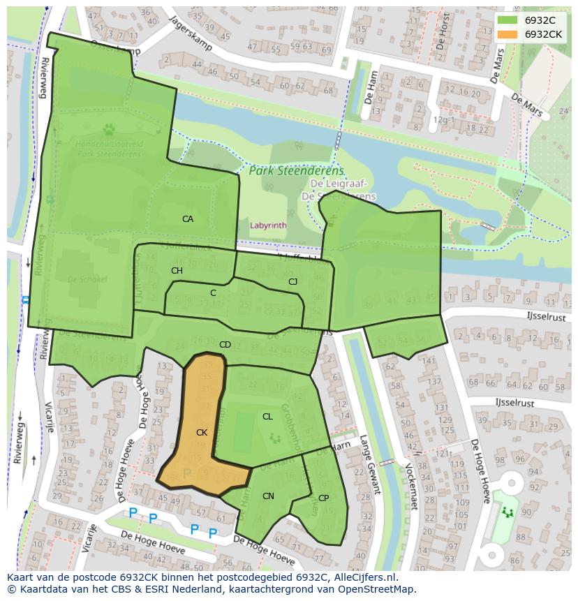 Afbeelding van het postcodegebied 6932 CK op de kaart.
