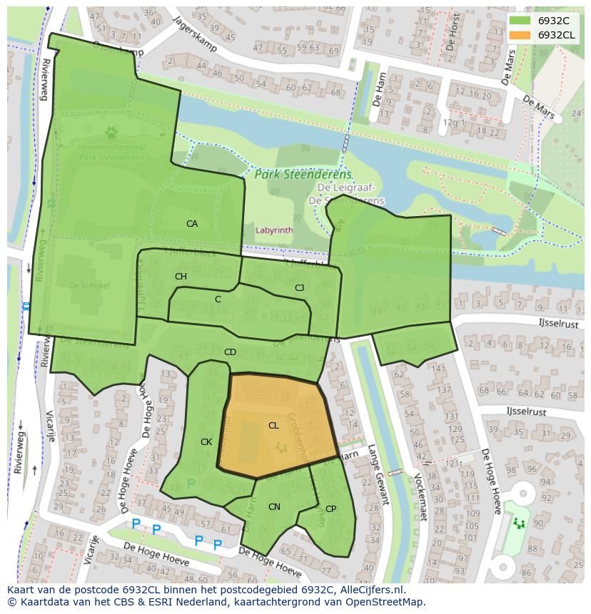 Afbeelding van het postcodegebied 6932 CL op de kaart.