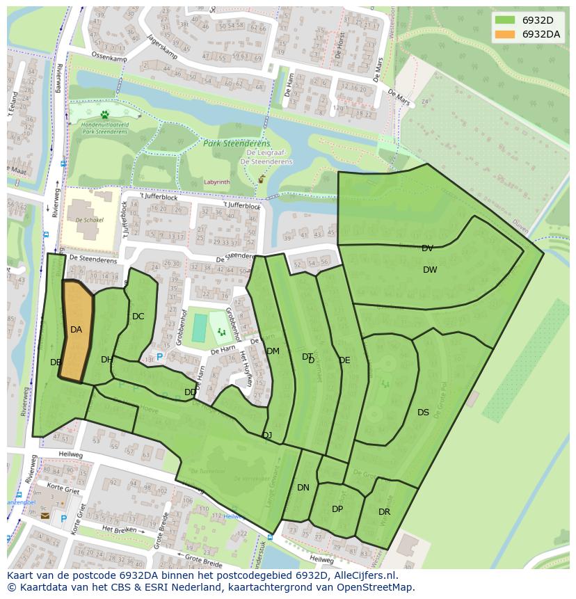 Afbeelding van het postcodegebied 6932 DA op de kaart.
