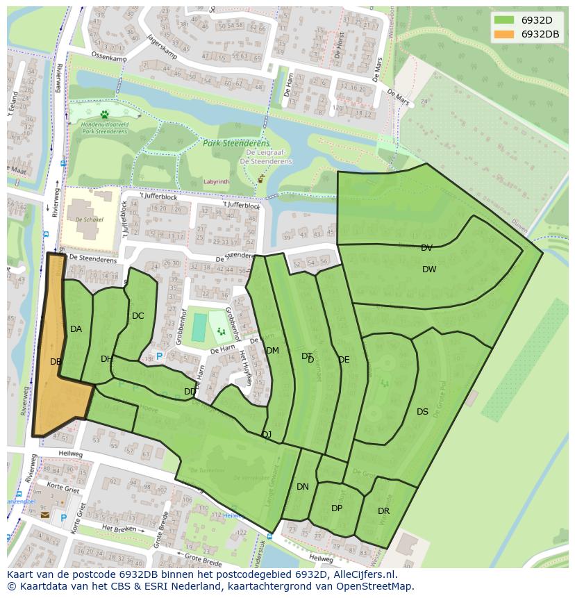 Afbeelding van het postcodegebied 6932 DB op de kaart.