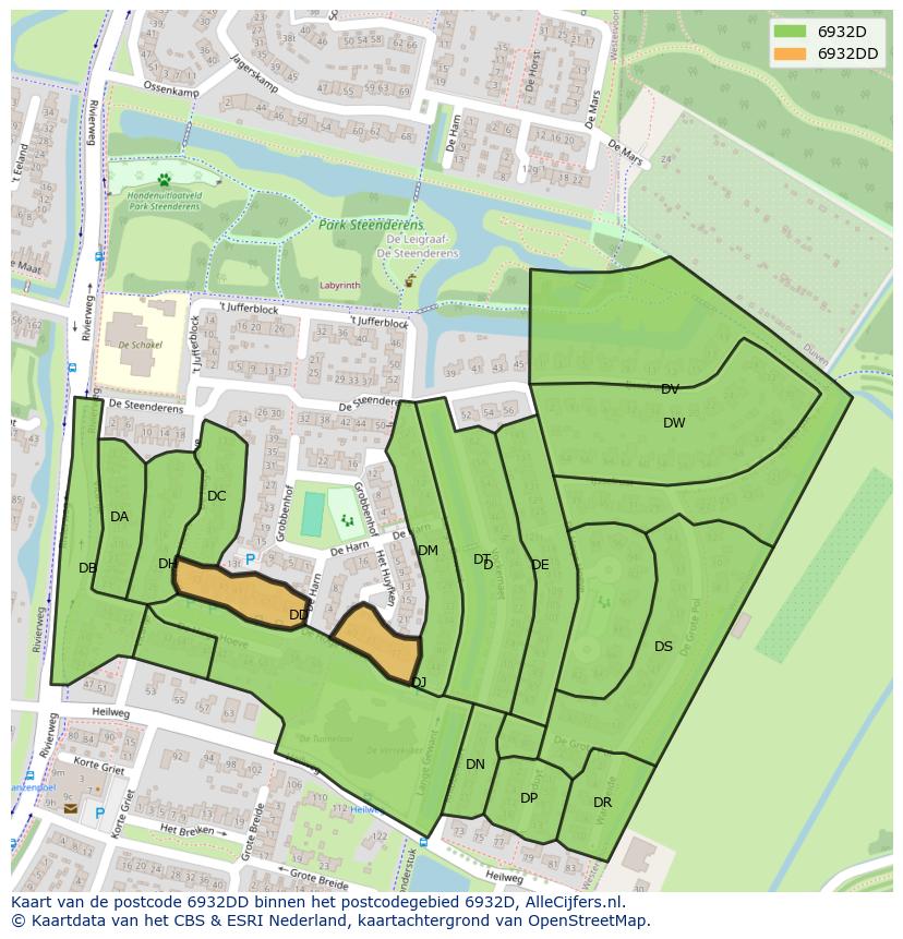 Afbeelding van het postcodegebied 6932 DD op de kaart.