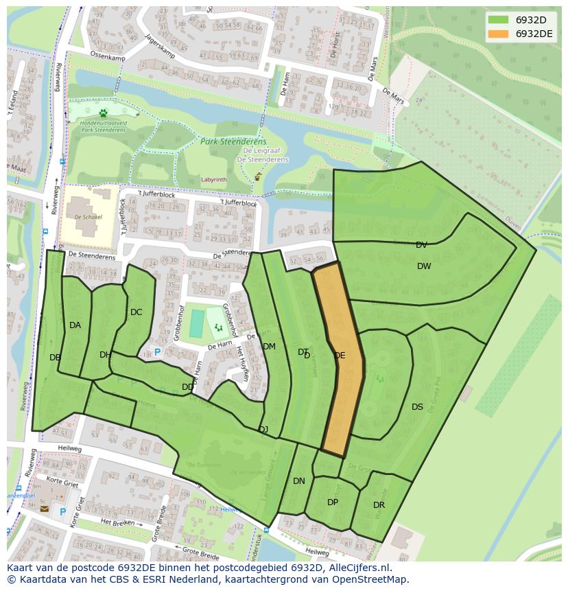 Afbeelding van het postcodegebied 6932 DE op de kaart.