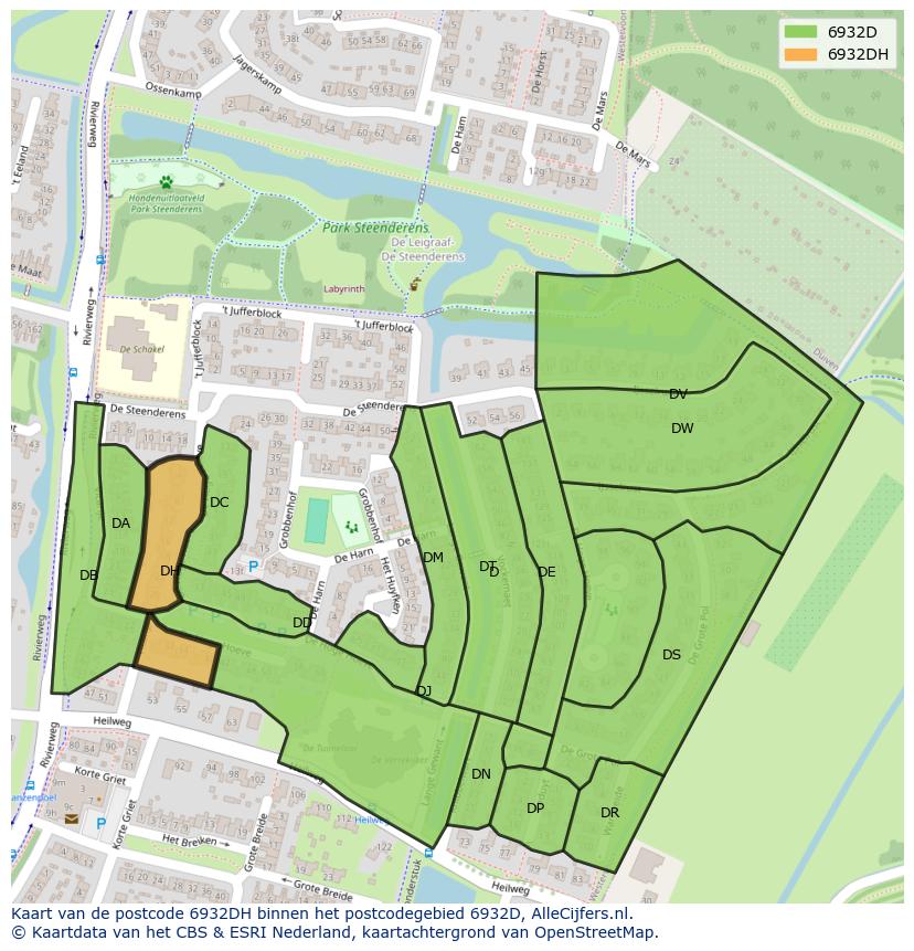 Afbeelding van het postcodegebied 6932 DH op de kaart.