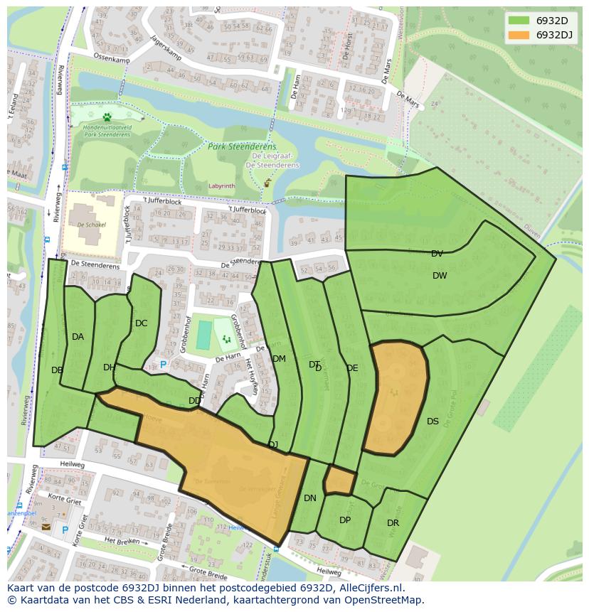 Afbeelding van het postcodegebied 6932 DJ op de kaart.