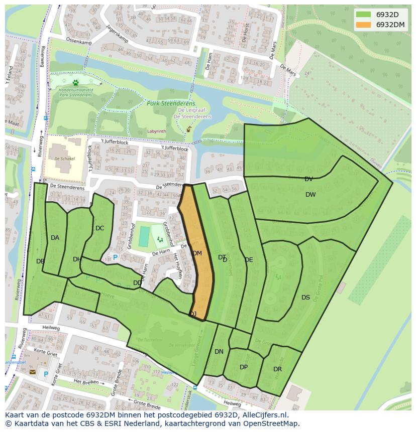Afbeelding van het postcodegebied 6932 DM op de kaart.