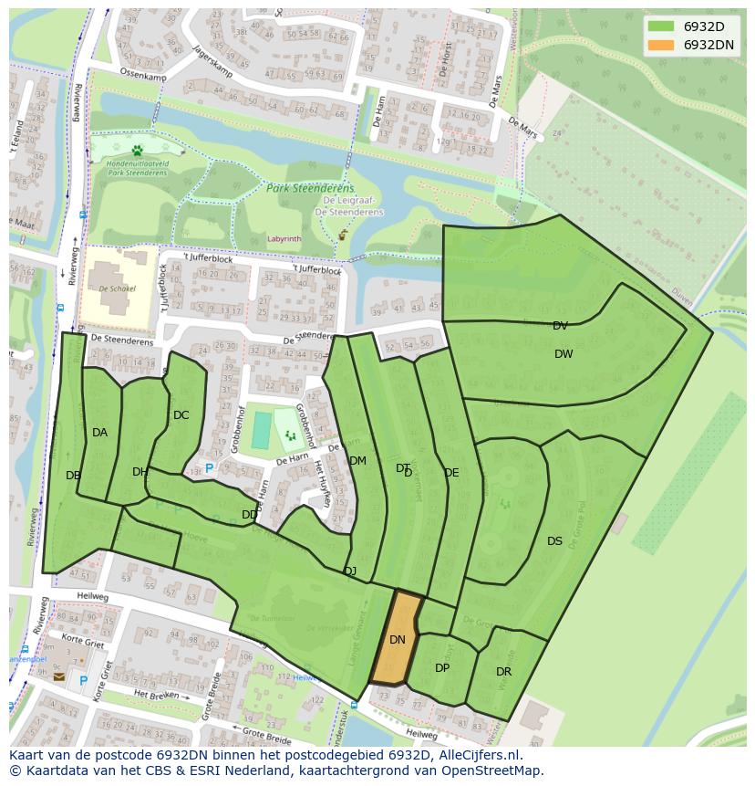 Afbeelding van het postcodegebied 6932 DN op de kaart.