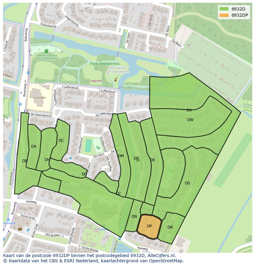 Afbeelding van het postcodegebied 6932 DP op de kaart.