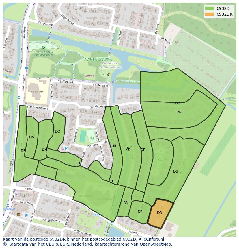 Afbeelding van het postcodegebied 6932 DR op de kaart.