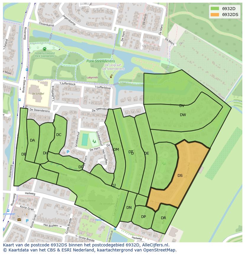 Afbeelding van het postcodegebied 6932 DS op de kaart.