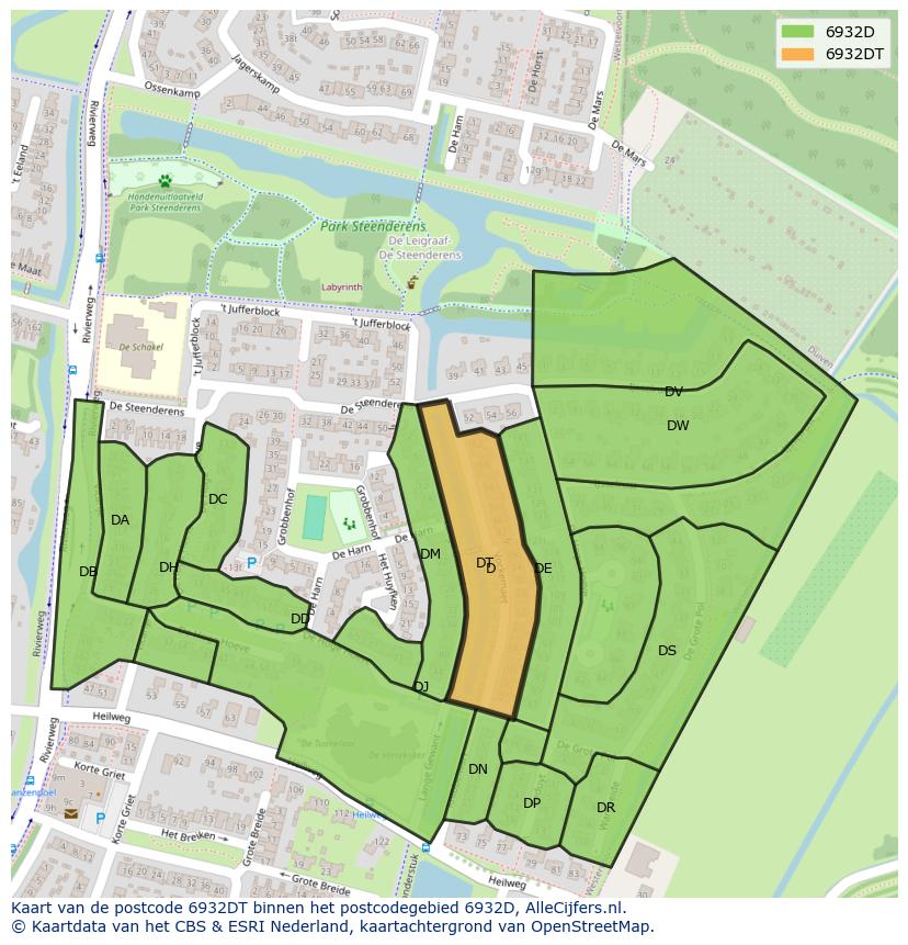 Afbeelding van het postcodegebied 6932 DT op de kaart.