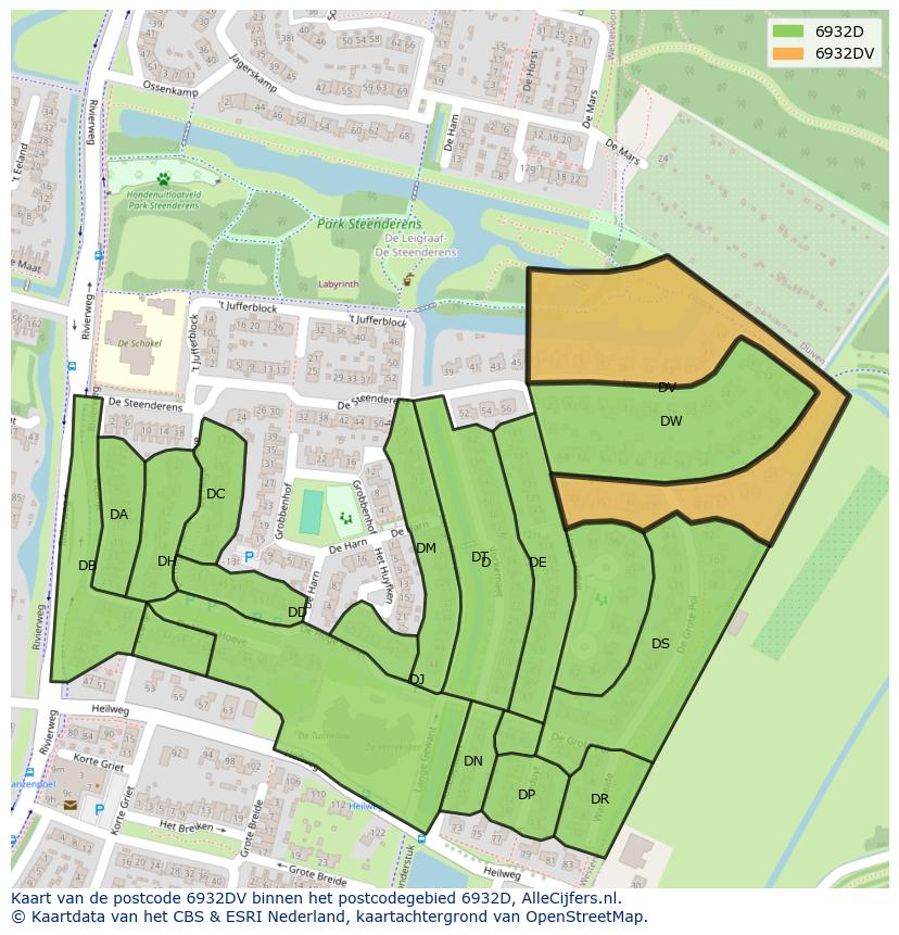 Afbeelding van het postcodegebied 6932 DV op de kaart.