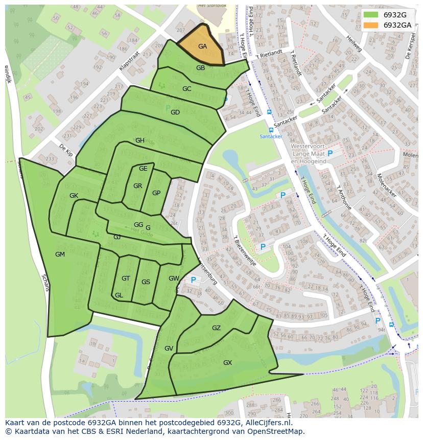 Afbeelding van het postcodegebied 6932 GA op de kaart.