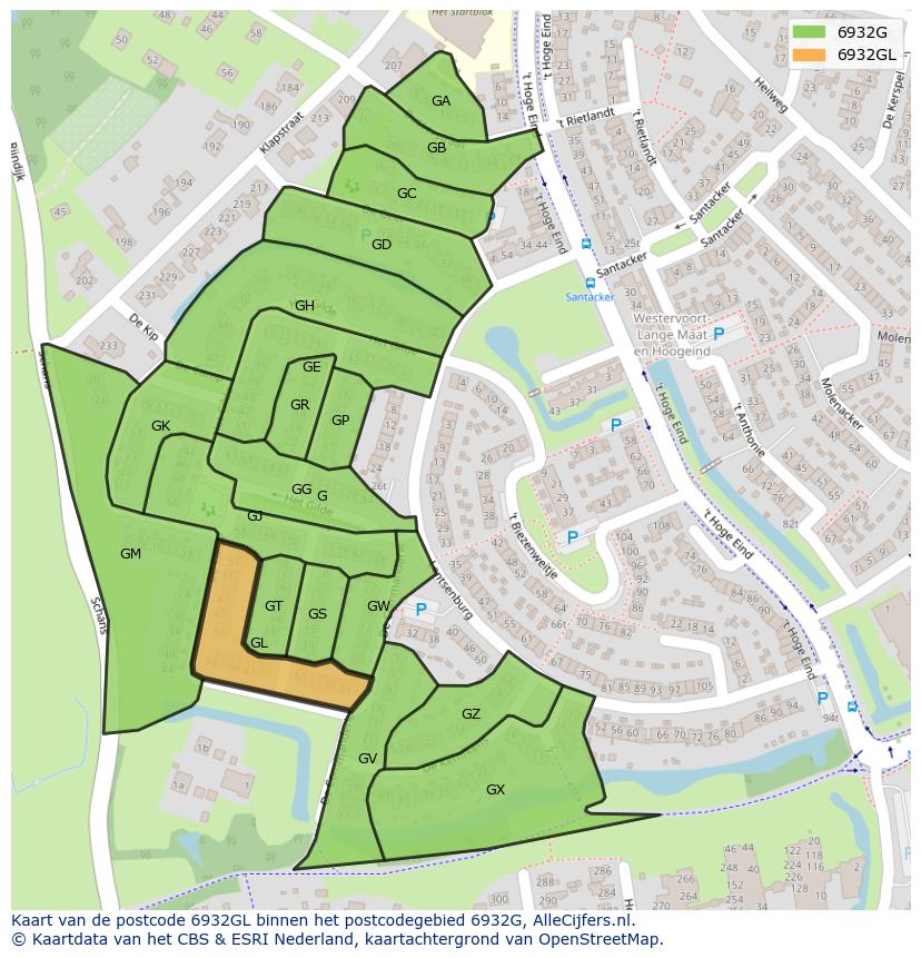 Afbeelding van het postcodegebied 6932 GL op de kaart.