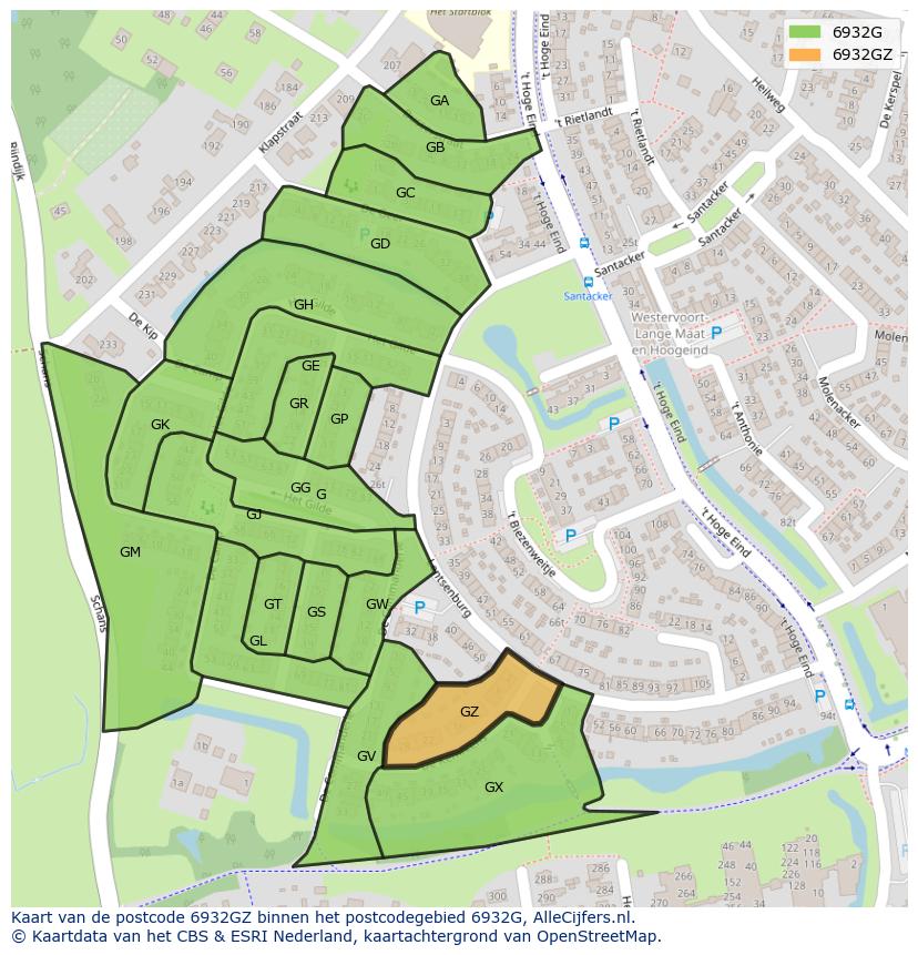 Afbeelding van het postcodegebied 6932 GZ op de kaart.
