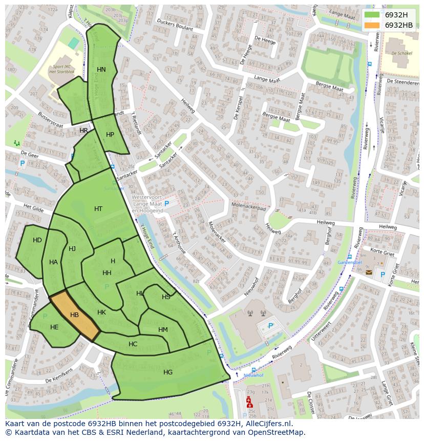 Afbeelding van het postcodegebied 6932 HB op de kaart.