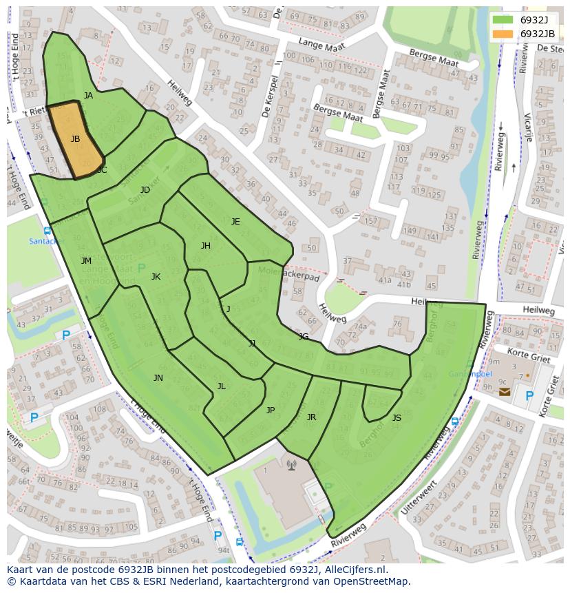 Afbeelding van het postcodegebied 6932 JB op de kaart.