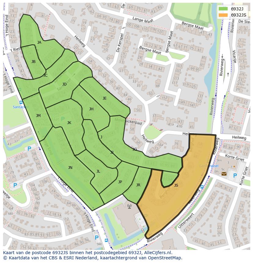 Afbeelding van het postcodegebied 6932 JS op de kaart.
