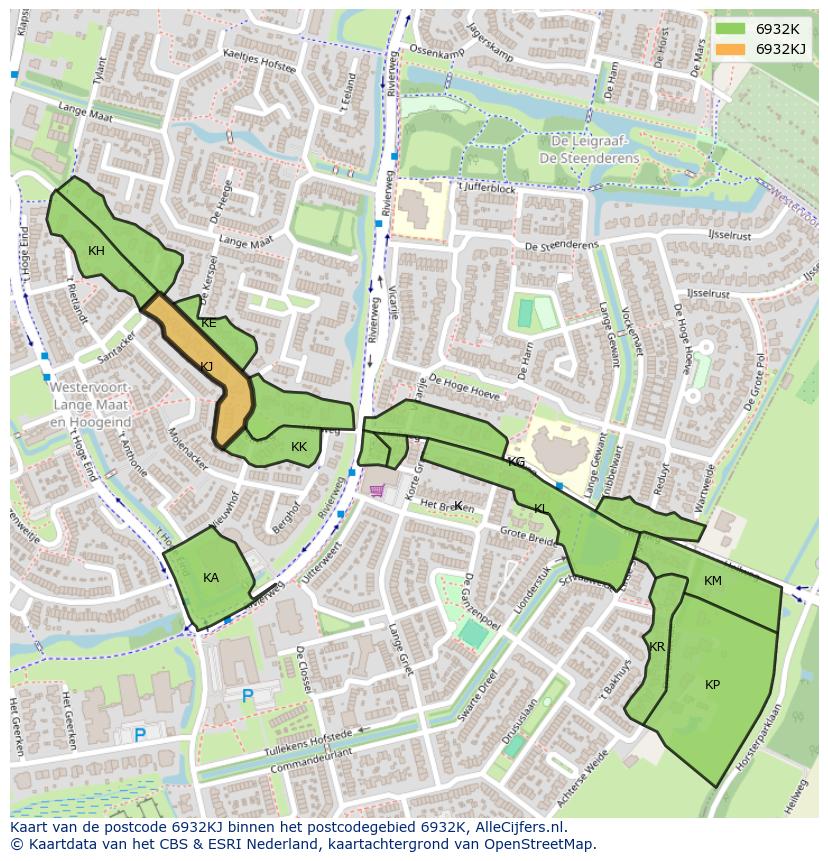 Afbeelding van het postcodegebied 6932 KJ op de kaart.